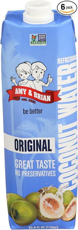 Amy & Brian Pure Coconut Water, 1 Liter (Pack of 6) | Best Tasting Coconut Water | Non-GMO & No Added Sugar | Refreshing & Hydrating Real Coconut Water