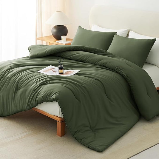 CozyLux Olive Green Comforter Set Full Size, 3 Pieces Solid Breathable Quilted Style Bedding Sets, Dark Olive Green Luxury Fluffy Soft Microfiber Comforter for All Season (1 Comforter & 2 Pillowcases)