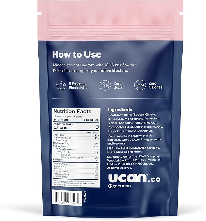 UCAN Hydrate Electrolyte Drink Mix (Watermelon, 12 Stickpacks) Sugar-Free, Keto-Friendly, Vegan, Non-GMO, Gluten-Free Electrolyte Powder with Potassium & Magnesium for Runners & Athletes