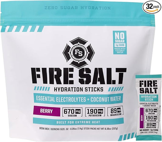 Fire Science Fire Salt Hydration Sticks, Electrolytes & Coconut Water, Hydration Drink Mix with Magnesium, Potassium & Sodium, Zero Sugar, Single Serve On The Go Packs, Berry Flavor, 32 Count