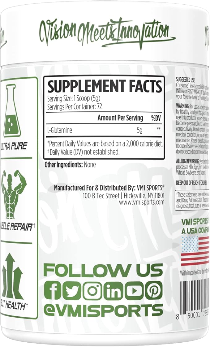 VMI Sports Glutamine Muscle Repair Powder Pure L-Glutamine | Muscle Repair & Recovery – Gut Health – Protein Synthesis | 5g per Serving – 72 Servings