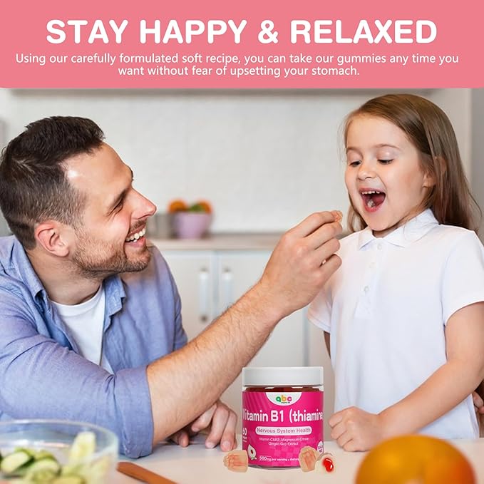Vitamin B1 Gummies Chewable Thiamine 500mg & Vitamin B3 & Vitamin C,Sugar Free - Non GMO,Vegan,Natural Peach Flavor - Thiamine B1 Supplement for Adults & Kids