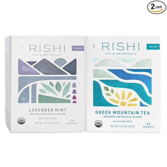 Rishi Tea Lavender Mint & Greek Mountain Herbal Tea - Organic Sachet Tea Bags, Caffeine Free Immune Support Tea Bundle - 15 Count (Pack of 2)