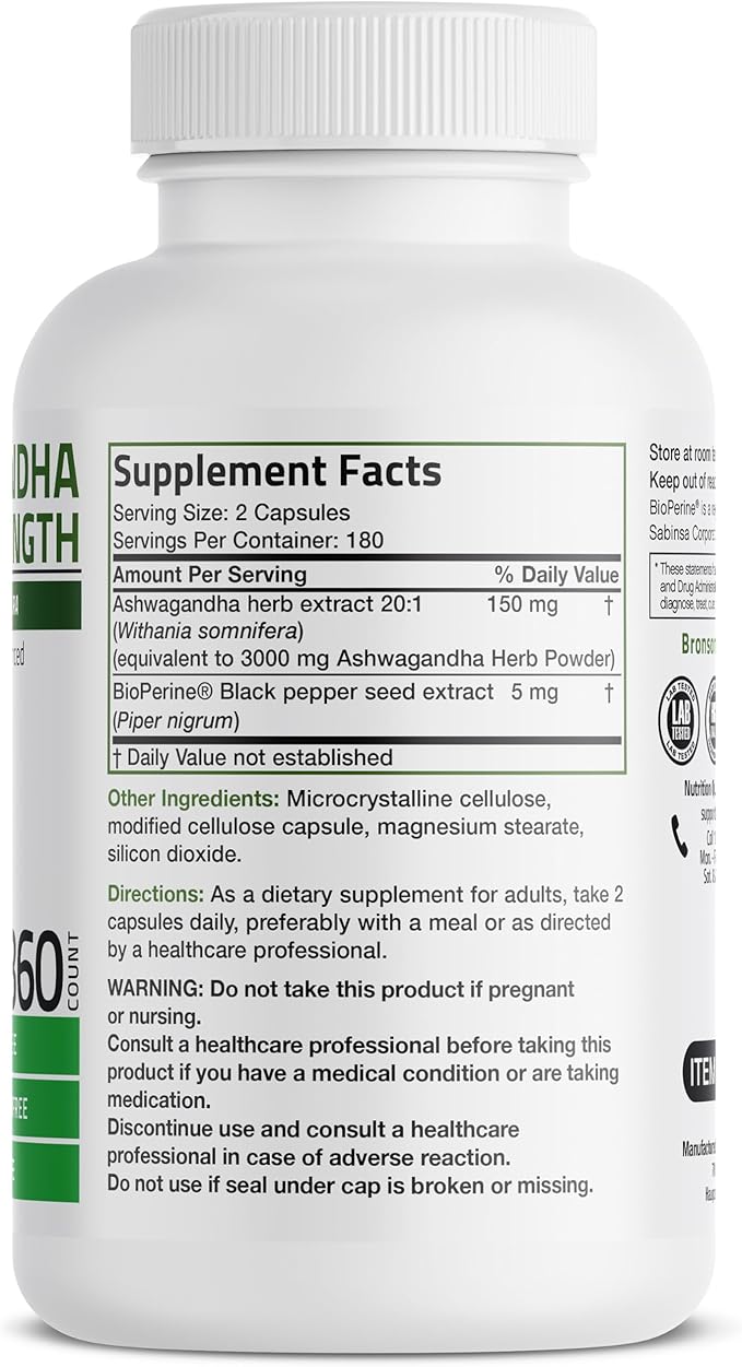 Bronson Ashwagandha Extra Strength Stress & Mood Support with BioPerine - Non GMO Formula, 360 Vegetarian Capsules