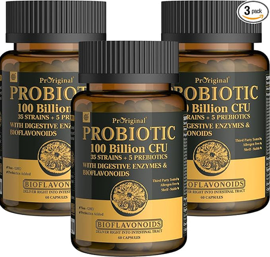 Organic Probiotics for Women & Men, 100 Billion CFU Probiotic for Digestive, Gut & Immune Health - with Prebiotics, Bioflavonoids & Digestive Enzyme, 35 Strains Raw Probiotic Supplement, 180 Caps