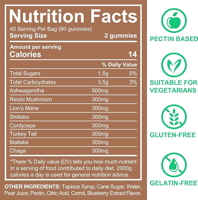 Ashwagandha Gummies with Super Mushroom Blend – Mushroom Gummies with Lion’s Mane, Reishi, Turkey Tail, Cordyceps, KSM 66, Shiitake – Immune Support, Focus, Vegan, Low Carb, Berry Flavor, 80 Ct