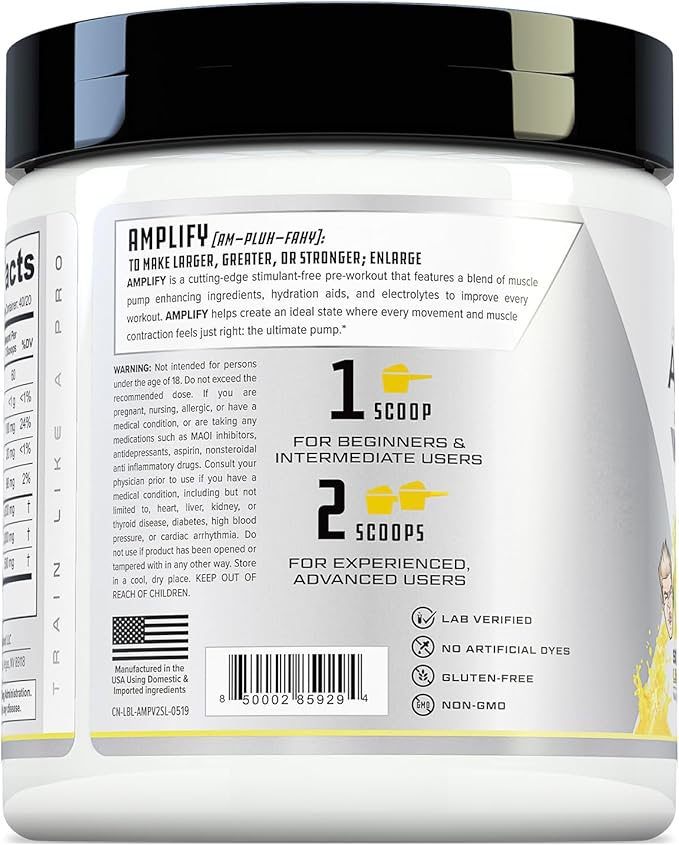 Cutler Nutrition Amplify Pump Pre Workout Caffeine Free Nitric Oxide Booster containing Arginine and Citrulline Pre-Workout for Maximum Pumps Sour Lemonade Flavor