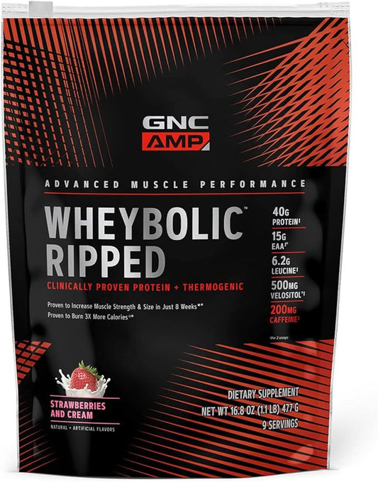 GNC AMP Wheybolic Ripped Protein Powder & Thermogenic Protein Supplement, Muscle Strength & Size, Energy & Endurance, 40g Protein, 6.2g Leucine, 15g EAA, Caffeine, Strawberries and Cream, 9 Servings