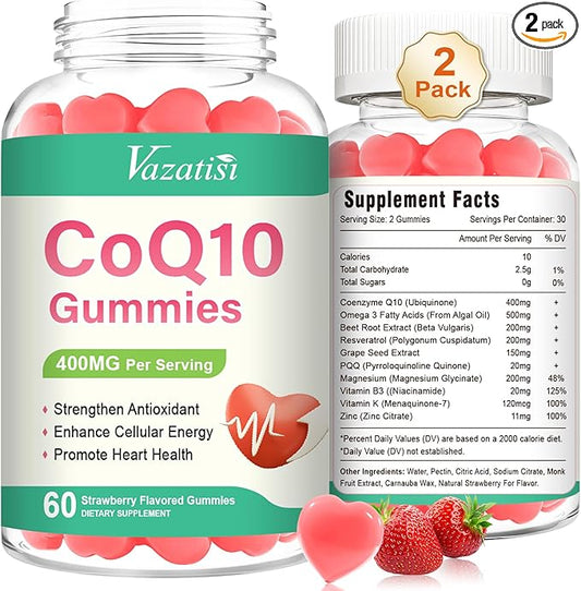 400MG CoQ10 Gummies with Omega-3, Vitamin B3 & Magnesium, Helps Support Hear-t Health, Cellular Energy & Antioxidant, Vegan, Gluten Free, 2 Months Supply