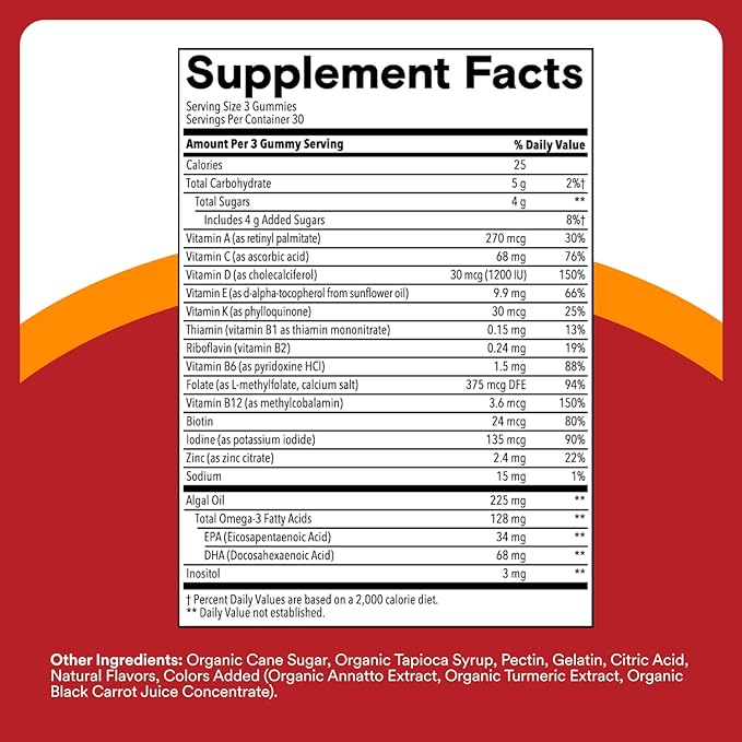 SmartyPants Multivitamin for Men & Women - Improved Formula: Multivitamin Gummies with Omega 3 (DHA/EPA), Vitamin D3, C, Vitamin B12, B6, A, K & Zinc, Biotin, Gluten Free, 90 Count (30 Day Supply)