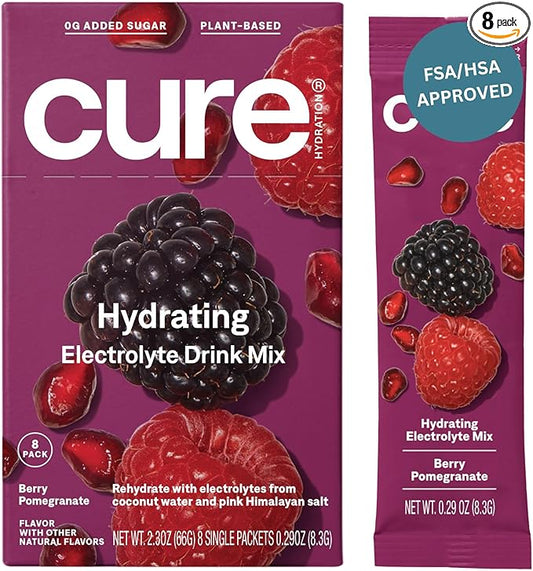 Cure Hydration | Plant-Based Electrolyte Drink Mix | No Added Sugar | FSA & HSA | Dehydration Relief Powder Made with Coconut Water | Non-GMO | Vegan | Box of 8 Packets - Berry Pomegranate