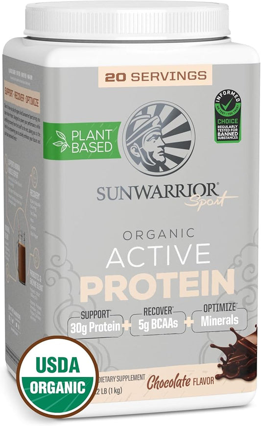 Sunwarrior Vegan Protein Powder Plant-Based USDA Organic BCAAs 30g per Serving | Sugar, Gluten, Dairy Free Non-GMO | Chocolate Flavored, 20 Servings | Active Sport
