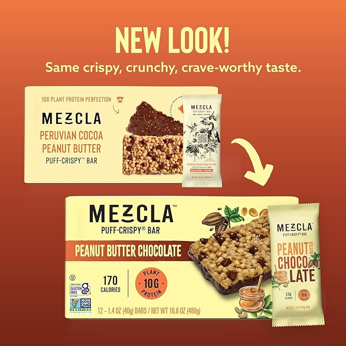 Mezcla Vegan Protein Bars, Gluten Free Snack Made with Pea Protein, Chocolate Chips and Other Premium Ingredients, Healthy Snacks, Peanut Butter Chocolate, 10g of Protein, 4 Pack