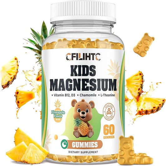 Kids Magnesium Glycinate Gummies, Magnesium for Kids & Adults, with Citrate, Zinc, Vitamin D3, B12, L-Theanine Supplement for Sleep Calm Bone & Muscle Mood, Pineapple 60ct