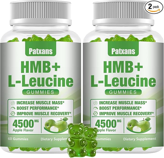 2 Packs HMB and L-Leucine Gummies, 4500mg, for Muscle Growth, Muscle Relief and Workout Recovery, for Men & Women, Non-GMO, Vegan, Gluten Free, Apple Flavor, 120 Count.