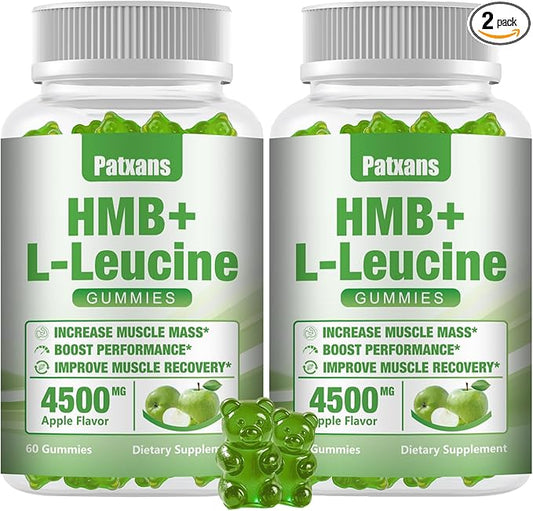 2 Packs HMB and L-Leucine Gummies, 4500mg, for Muscle Growth, Muscle Relief and Workout Recovery, for Men & Women, Non-GMO, Vegan, Gluten Free, Apple Flavor, 120 Count.