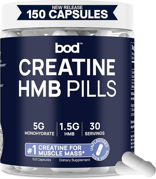 BOD Creatine Capsules Pills for Muscle Support, Endurance, No Bloat, No Load, Unflavored Creatine for Women and Men, Vegan, (Creatine HMB Capsules)