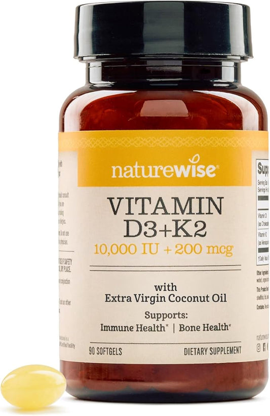 NatureWise Vitamin D3 10,000 IU Plus K2 (MK-7) 200 mcg with Organic Extra Virgin Coconut Oil - Supports Calcium Absorption, Bone, Heart & Immune Health - Non-GMO, Soy & Gluten-Free - 90 Softgels