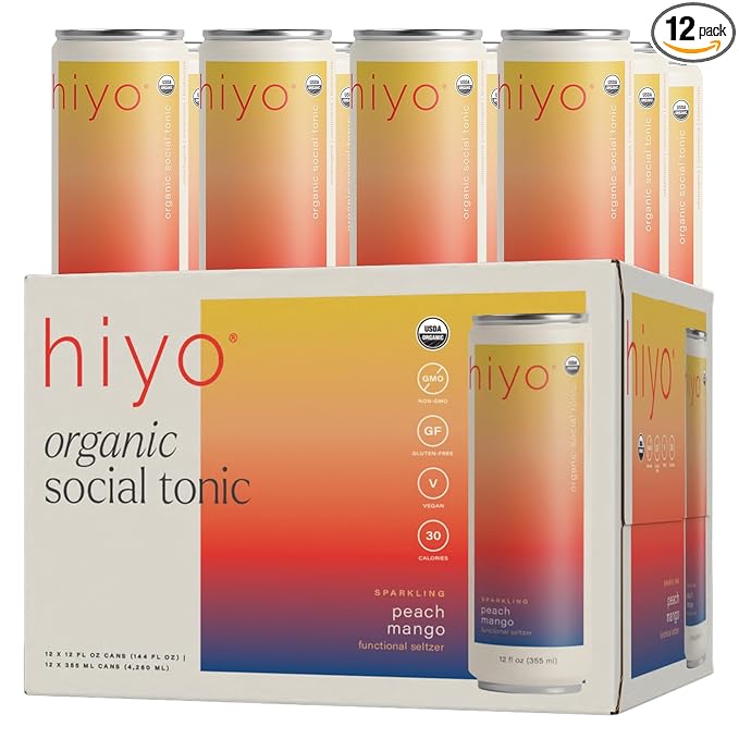 Hiyo Organic Social Tonic - Peach Mango, 12 Pack - N.A. Functional Seltzer, Sparkling Water Crafted with Organic Adaptogens, Nootropics & Botanicals