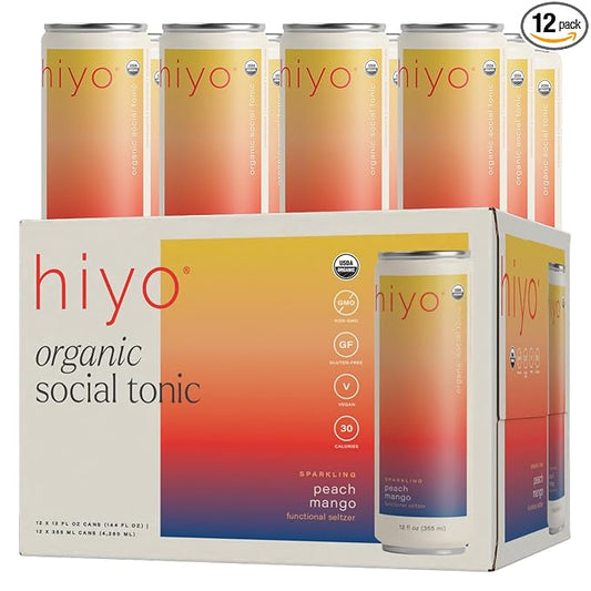 Hiyo Organic Social Tonic - Peach Mango, 12 Pack - N.A. Functional Seltzer, Sparkling Water Crafted with Organic Adaptogens, Nootropics & Botanicals