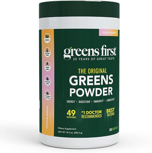 Greens First Original Greens Powder - 49 Superfoods - Organic Fruits & Veggies - Prebiotics, Probiotics & Digestive Enzymes - Antioxidant Smoothie - Dairy Free/Vegan/Non-GMO (Peach Mango, 30 Servings)