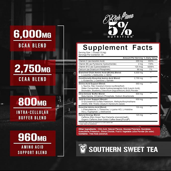 5% Nutrition Rich Piana AllDayYouMay Caffeinated BCAA Energy Powder | Premium Pre Workout Amino Energy & Electrolytes | Hydration, Endurance & Recovery | 16.3 oz, 30 Servings (Southern Sweet Tea)