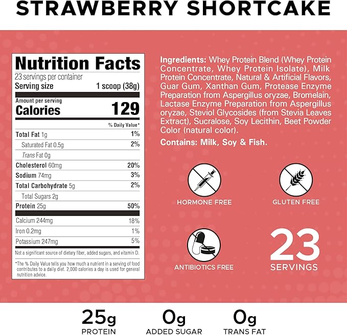 High Whey, Protein Powder 2LB, Whey Isolate, Gluten Free, Lean Muscle Mass for Men & Women, 25g of Protein Per Scoop, 908 g, 24 Servings (Strawberry Shortcake, 2 Pound)