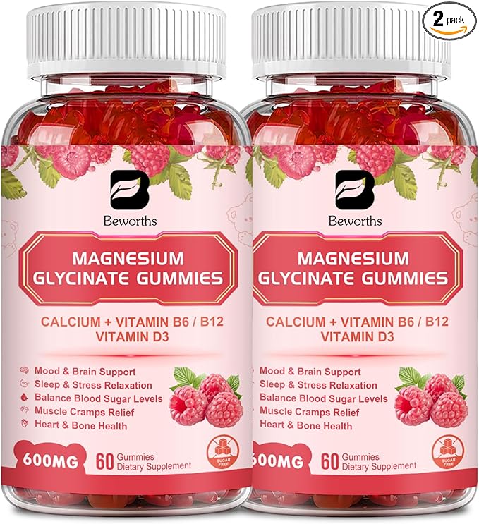(2 Pack) 600 Mg Magnesium Glycinate Gummies, Magnesium Supplement Complex Magnesium Malate, Magnesium Citrate & Potassium, Supports Night & Joint, Energy Boost, Vegan & 0-Sugar, Raspberry 120 Count