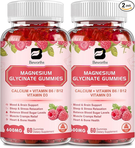(2 Pack) 600 Mg Magnesium Glycinate Gummies, Magnesium Supplement Complex Magnesium Malate, Magnesium Citrate & Potassium, Supports Night & Joint, Energy Boost, Vegan & 0-Sugar, Raspberry 120 Count