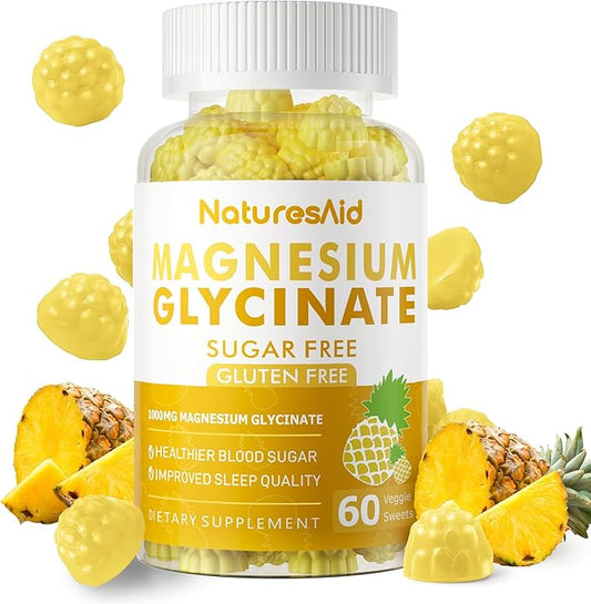 Magnesium Glycinate Gummies 1000mg - Sugar Free Magnesium Potassium Supplement with Vitamin D, B6, CoQ10 for Calm Mood & Sleep Support - 60 Pineapple Gummies -1 Pack