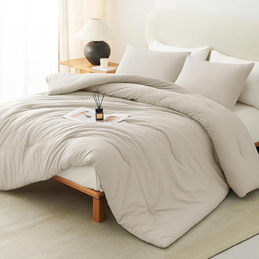 CozyLux Oatmeal Comforter Set Full Size, 3 Pieces Solid Breathable Quilted Style Bedding Sets, Luxury Fluffy Soft Microfiber Comforter for All Season (1 Comforter & 2 Pillowcases)