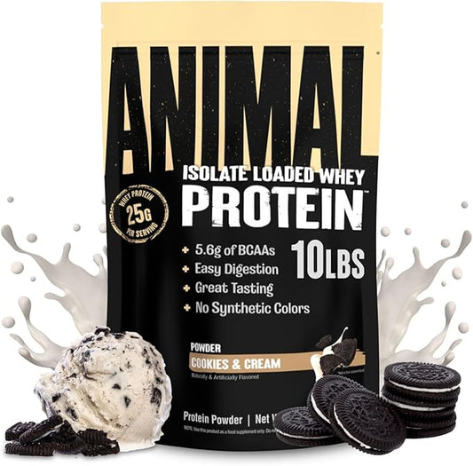 Animal Whey Isolate Protein Powder - Loaded for Pre & Post Workout Muscle Builder and Recovery with Digestive Enzymes for Men & Women - 25g Protein, Great Taste, Low Sugar - Cookies & Cream 10 lbs