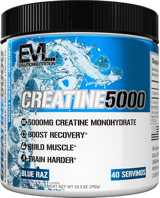 Evlution Nutrition Creatine 5000 - Supports Faster Recovery, Lean Muscle Growth & Performance - Pre & Post Workout Powder - 5000mg Pure Creatine Monohydrate Per Serving - 40 Servings - Blue Raz
