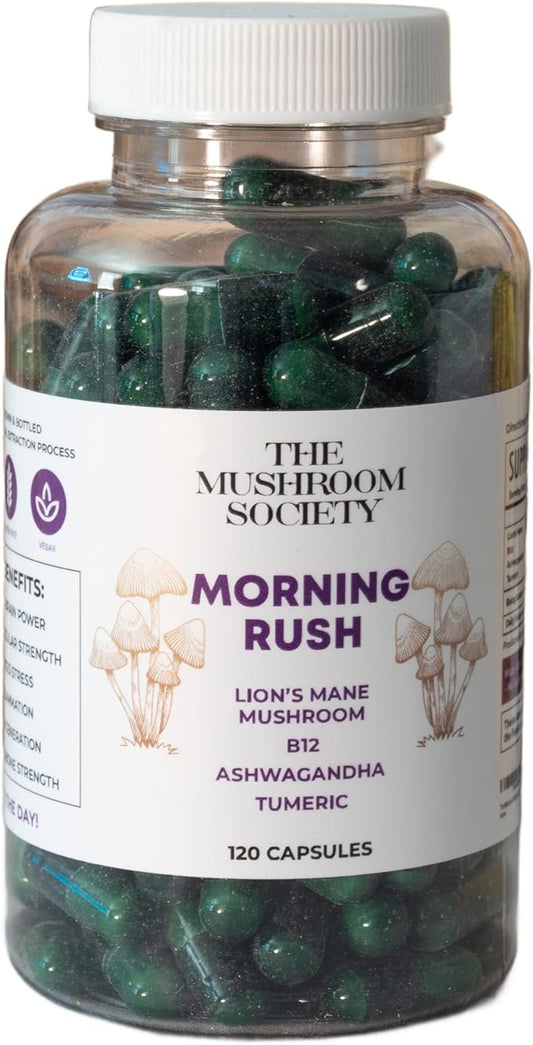 Morning Rush - Lion’s Mane, Turmeric & Ashwagandha Extract Blend - Mushroom Supplement for Focus & Energy Support - 120 Capsules