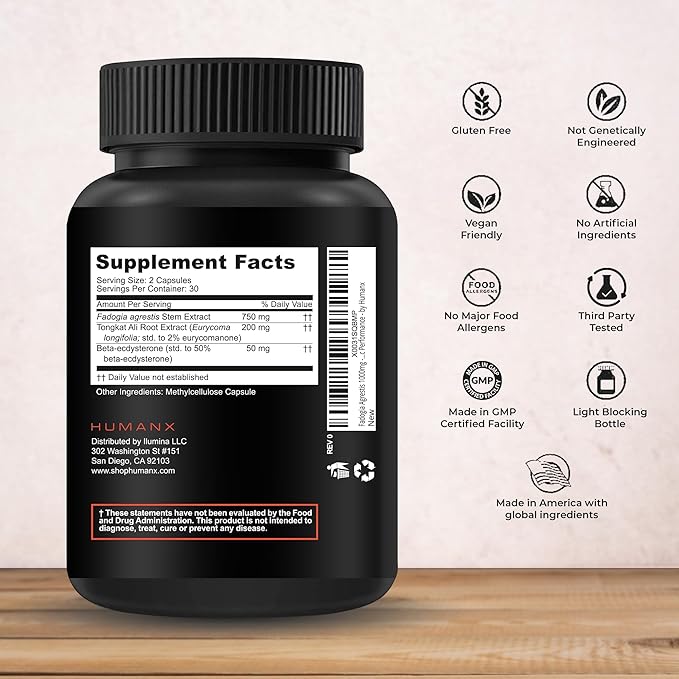 HUMANX Fadogia Agrestis, Tongkat Ali & Beta Ecdysterone 1000mg - USA Third Party Tested Supplement - Powerful Extracts to Support Athletic Performance & Muscle Mass - Veggie Capsules Supplements
