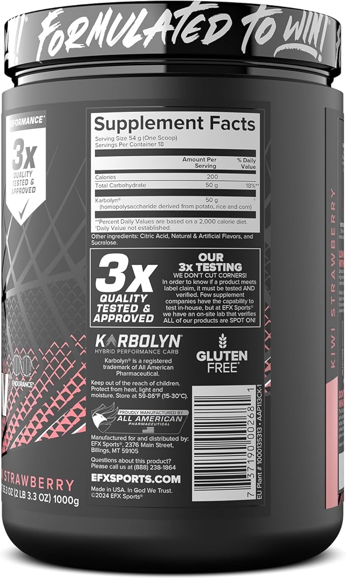 EFX Sports Karbolyn Fuel | Fast-Absorbing Carbohydrate Powder | Carb Load, Sustained Energy, Quick Recovery | Stimulant Free | 18 Servings (Kiwi Strawberry)