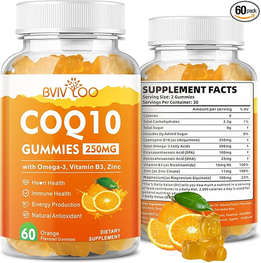 CoQ10 Gummies 250mg, Plus Omega-3, Vitamin B3 & Zinc, Magnesium - High Absorption Coenzyme Q10 Supplements for Heart Health, Cellular Energy, & Antioxidant Support, 60 Count