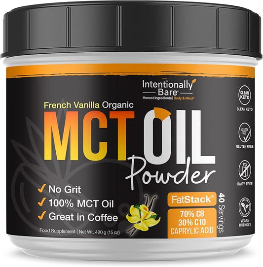 Intentionally Bare MCT Oil Powder French Vanilla MCT Coffee Creamer - C8 MCT Oil Powder for Energy & Metabolism - No Grit Keto Energy Blend Excellent in Baking, Shakes & Creamer for Coffee - 40 Ser