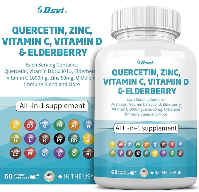 Quercetin 1000mg Zinc 50mg Vitamin C 1000mg Vitamin D 5000IU Immune System Support Supplement with Echinacea Ginger Bromelain Sea Moss Garlic Nettle Vegan Capsules for Men and Women,60 Count USA