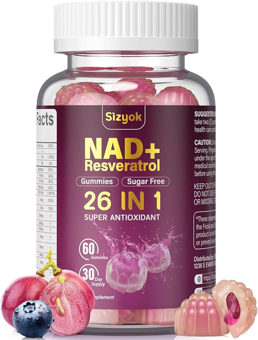 NAD Resveratrol Gummies, NAD Supplements for Women with Hydrolyzed Collagen, Grape Seed, and D-Biotin Support Antioxidant Action, Anti-Aging, Cell Regeneration & Energy, Sugar-Free, 60 Gummies
