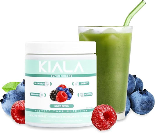 Kiala Nutrition Super Greens, Organic Greens Powder with Spirulina & Chlorella for Digestion, Gut Health, Immunity & Energy, Gluten Free, Vegan, Daily Support for Women, Mixed Berry, 30 Servings