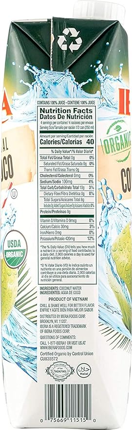 Iberia 100% Pure Organic Coconut Water, 1 Liter , 33.8 Fl Oz (Pack of 3)