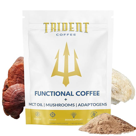 Trident Functional Mushroom Coffee | Cold Brew Coffee, MCT Oil, Lion's Mane, Reishi, Cacao, L-Theanine, Electrolytes | Better Focus, Energy, Brain Health & Low Acid | Adaptogen Coffee | 30 Servings