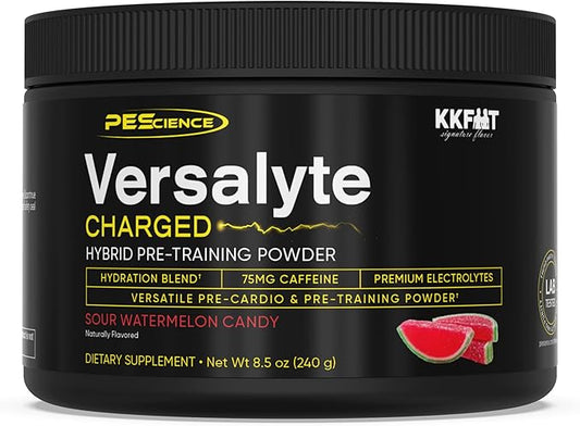 PEScience Versalyte Charged, Electrolyte Powder with Caffeine, Sugar Free, Sour Watermelon Candy, 30 Servings Packets, Hydration Powder Plus Energy for Hybrid Training