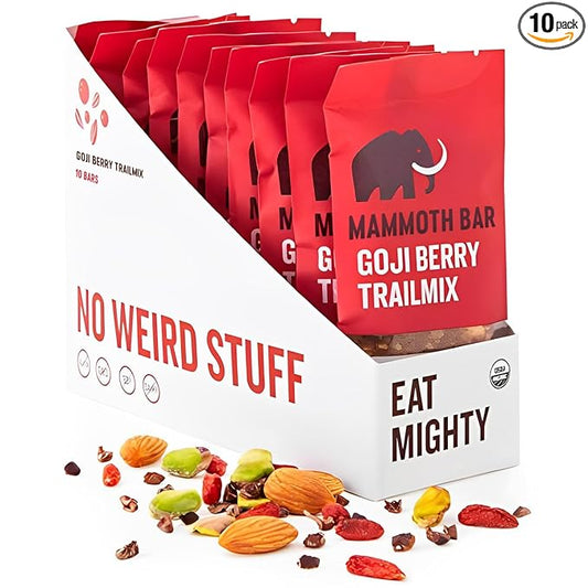 Mammoth Bar Goji Berry Trail Mix - 10 Organic Protein Bars – Prebiotic • Paleo • Gluten Free • Egg Protein • GMO Free • Raw • Premium Nuts