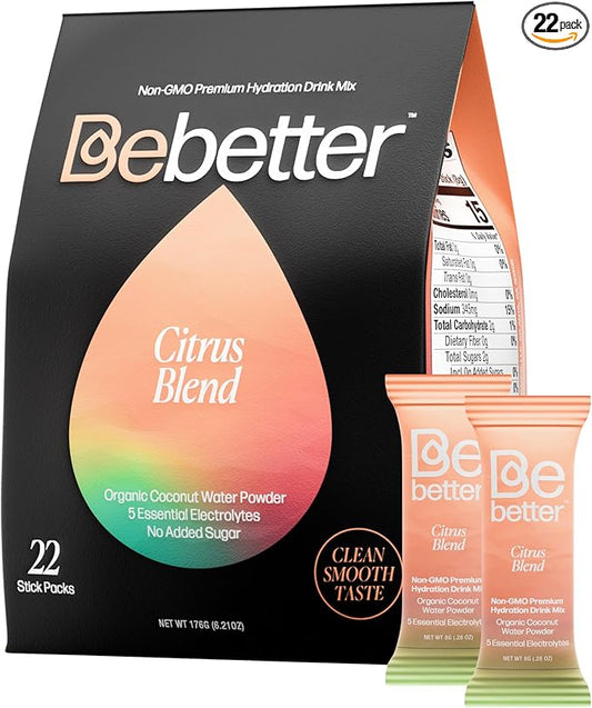 BeBetter Organic Electrolytes Powder Packets | Daily Electrolyte Drink Mix | Organic Coconut Water | No Artificial Flavors | Sugar Free Hydration Packets | non-GMO | 22 Hydration Sticks (Citrus Blend)