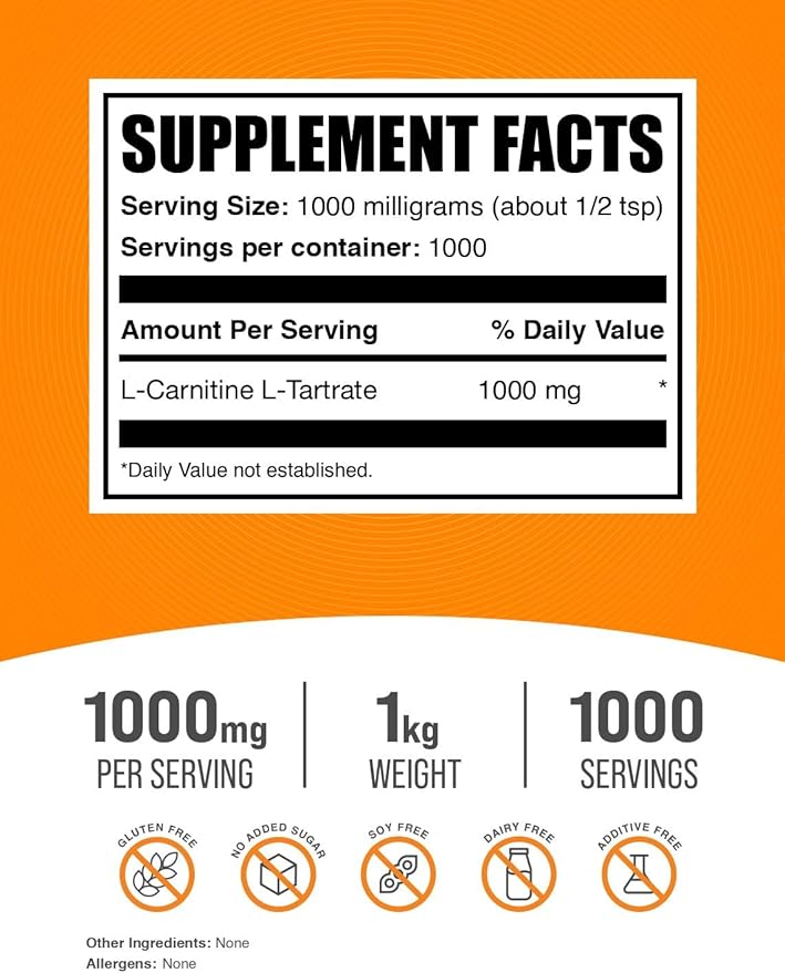 BulkSupplements.com L-Carnitine Tartrate Powder - Amino Acid Powder, Carnitine Supplement - Unflavored & Gluten Free, 1g per Serving, 1kg (2.2 lbs) (Pack of 1)