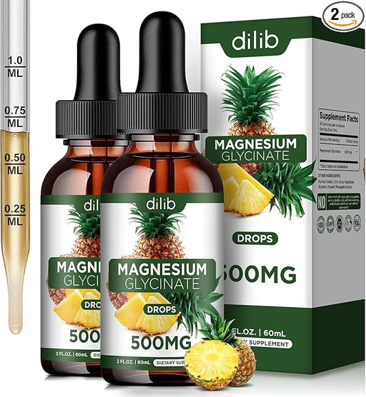 (2 Pack) Magnesium Glycinate Supplement, Liquid Magnesium Glycinate Liquid Drops 500mg-Support Stress Relief, Relaxation, Mood, Sleep, Bone & Muscle-4 Fl Oz, Vegan, Pineapple Flavor