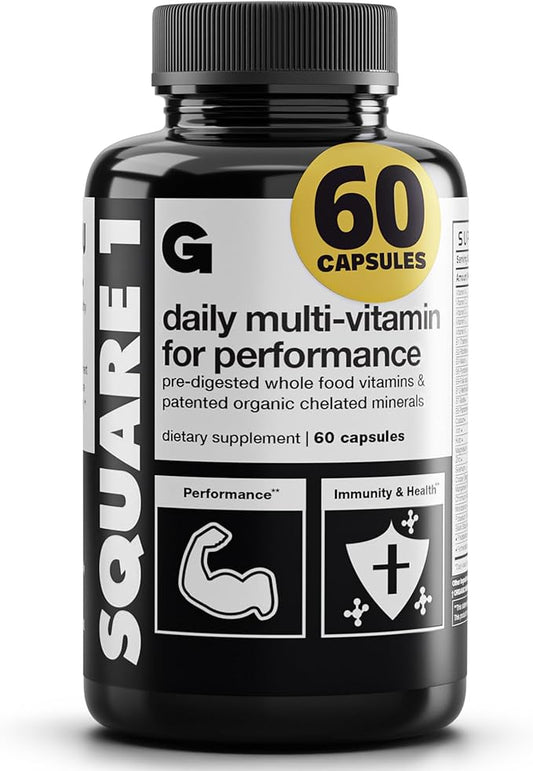 Gains in Bulk Square 1 Multivitamin and Mineral Supplement for Women and Men, Vitamins, Digestive Enzymes and Organic Minerals for Muscle Health, Performance and Immune Support, 60 Capsules