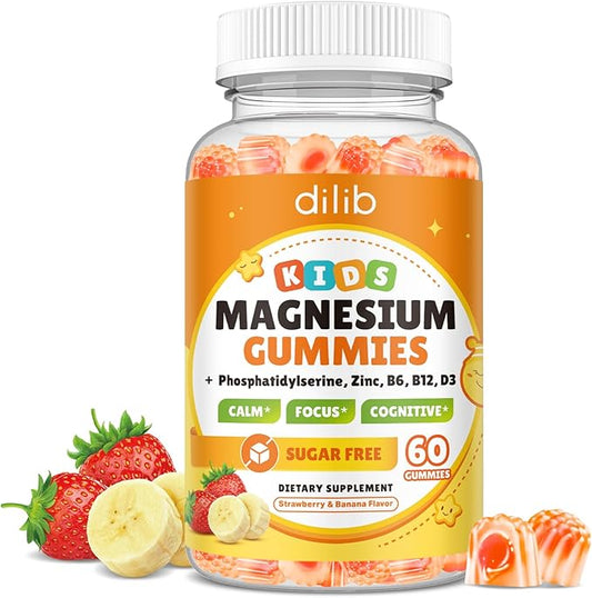 Magnesium Glycinate Gummies for Kids, Brain Supplement for Memory and Focus with Phosphatidylserine, L-Theanine, Zinc for Kids & Adults Sleep Cognition Calm, Strawberry & Banana Flavor 60ct